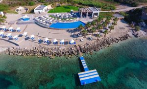 aerial view of beach with umbrellas and sun lounges.