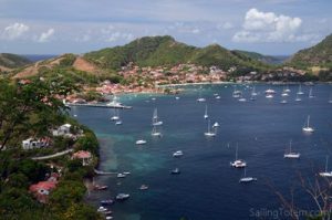 Aerial view of the anchorage of Bourg des Saintes showing boats at anchor