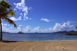 beach palm tree and beautiful blue sky and sea with a yacht in the distance as it arrives at the end of the rally