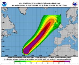 track and wind strength of hurricane lorenzo as it tracks NE from the Azores