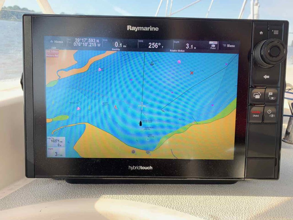 chart plotter displaying the track of the boat as the anchor dragged very close to shore