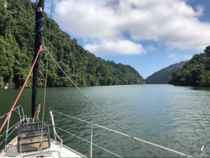 view of the front of the boat and the rolled foresail as the boat makes its way up a narrow gorged river with green hillsides