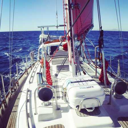 Photo of yacht at sea taken from the forward deck.